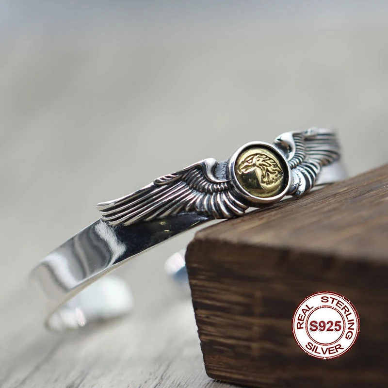 

S925 Sterling Silver Bangles Simple and generous retro Personality couple style Unique to build carved Eagle style Send a gift