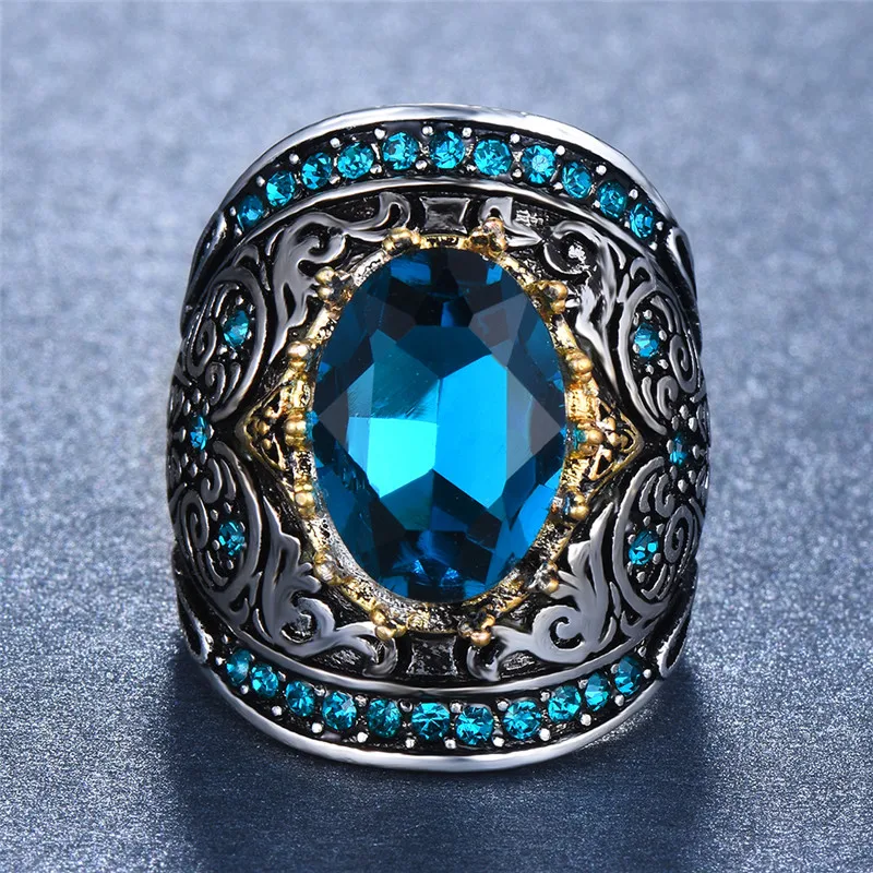 

Vintage Style Female Ladies Blue Stone Ring Retro Punk Silver Gold Color Wedding Party Rings For Women