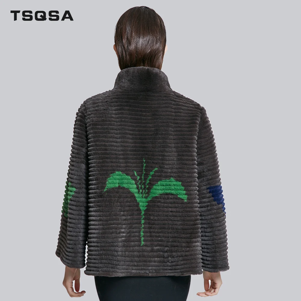 Best TSQSA 2018 Fashion Real Rabbit Fur Coats Women Rex Rabbit With Floral Lady Clothing Natural Winter Female Outerwear Coat TAC1804 3