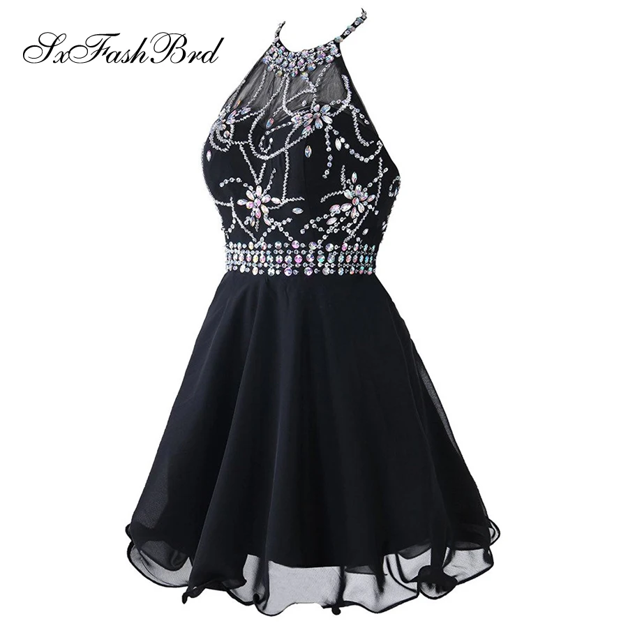 Vestido de festa Холтер шеи с бисером открытой спиной Мини Короткие Формальные Коктейльные Вечерние платья длинное вечернее платье