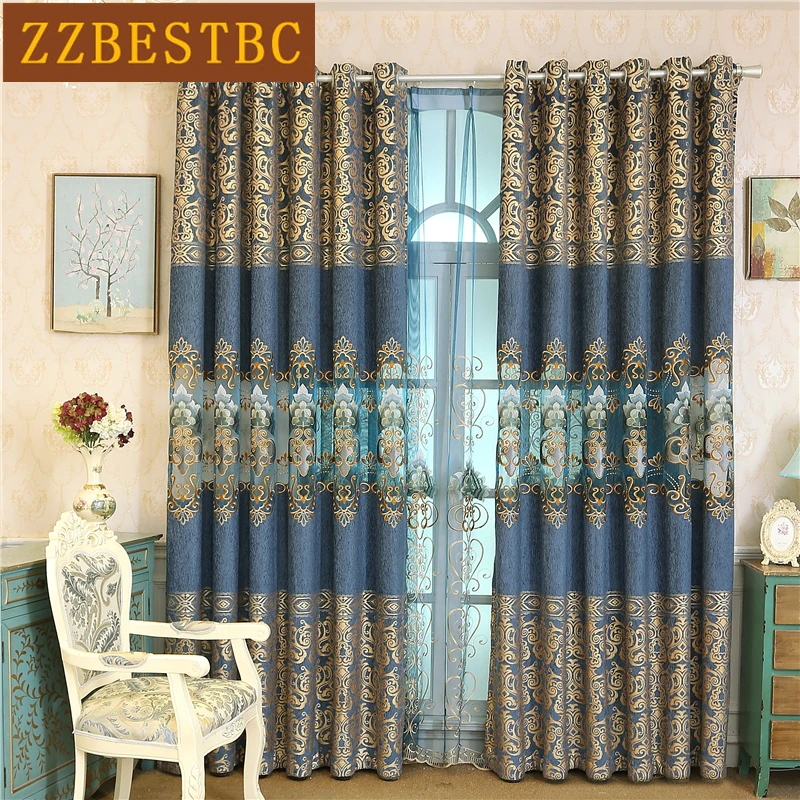 

Gold with blue fabric high quality custom embroidered curtains for living room with luxurious Voile Curtain for bedroom kitchen