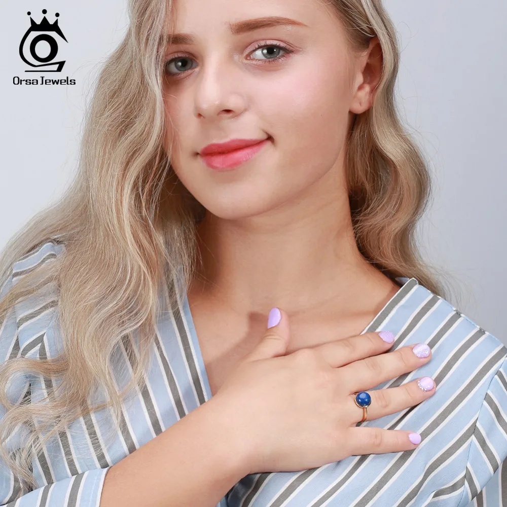 ORSA JEWELS Authentic 925 Sterling Silver Women Rings Simple Design Natural Lapis Lazuli Anniversary Ring Fashion Jewelry SR69-L