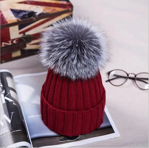 Милые повседневные женские шапочки теплые зимние вязаные кепки, вязаные шляпы с помпоном из меха серебристой лисы MS-16 - Цвет: H