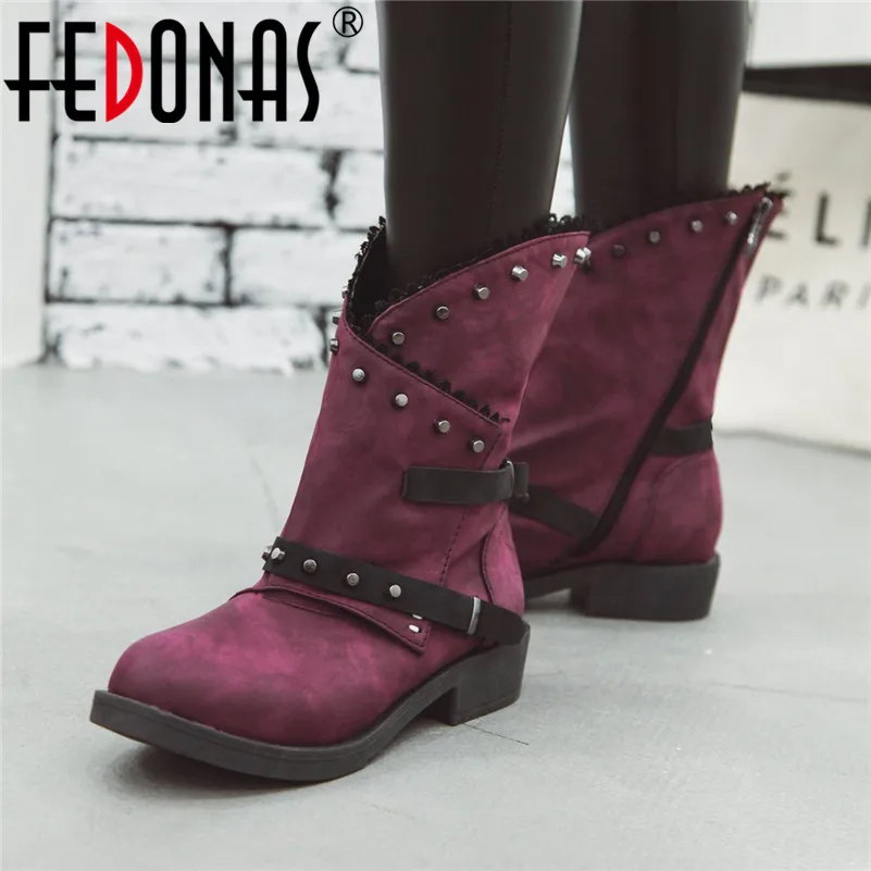 

FEDONAS Autumn Winter Vintage Square Heels Women Ankle Boots Synthetic Leather Zipper Short Boots Punk Rivet Party Shoes Woman