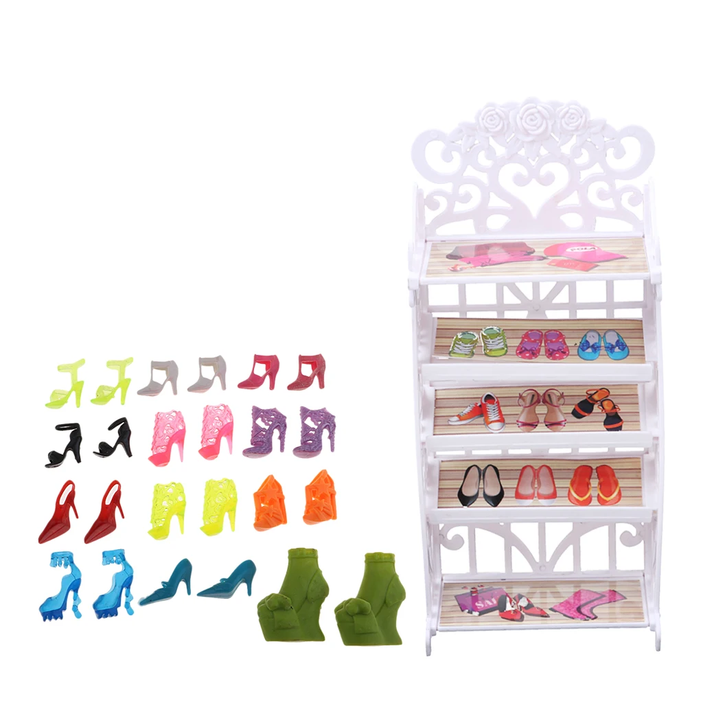 Stylish Dolls House Furniture Set - Mini Shoes Rack Shoes Shelf & Pack of High Heel Shoes For 12inch Ball Jointed Doll Accessory