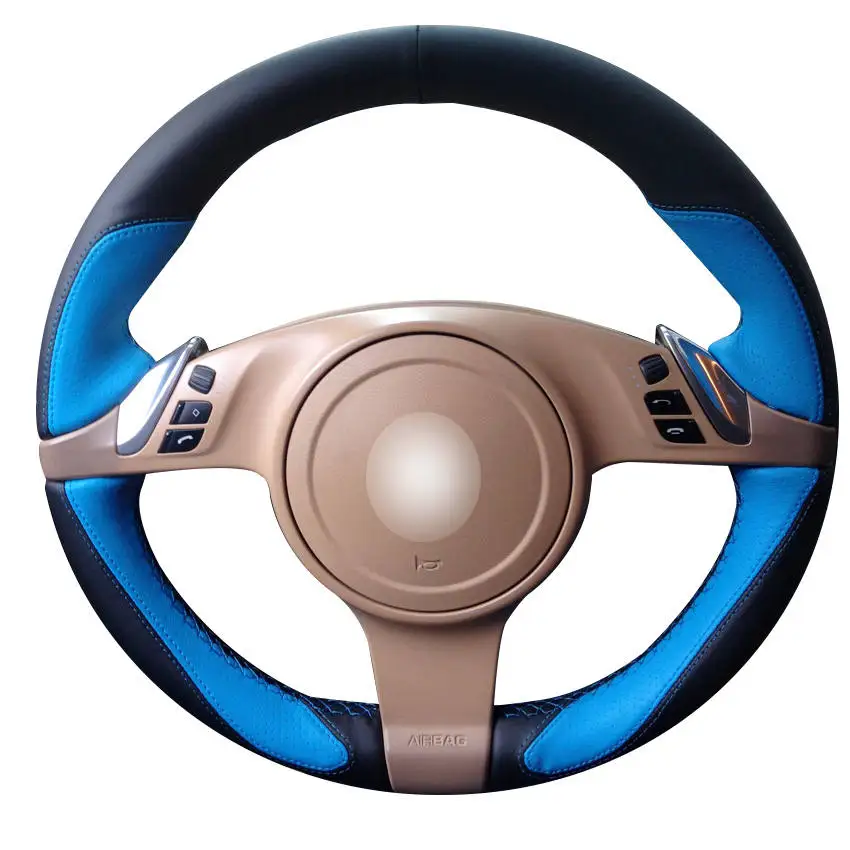 Style-F02 Hand-stitched Black Blue Leather Anti-slip Car Steering Wheel Cover for Porsche Cayenne Panamera 2010 2011 - Название цвета: Style-F02