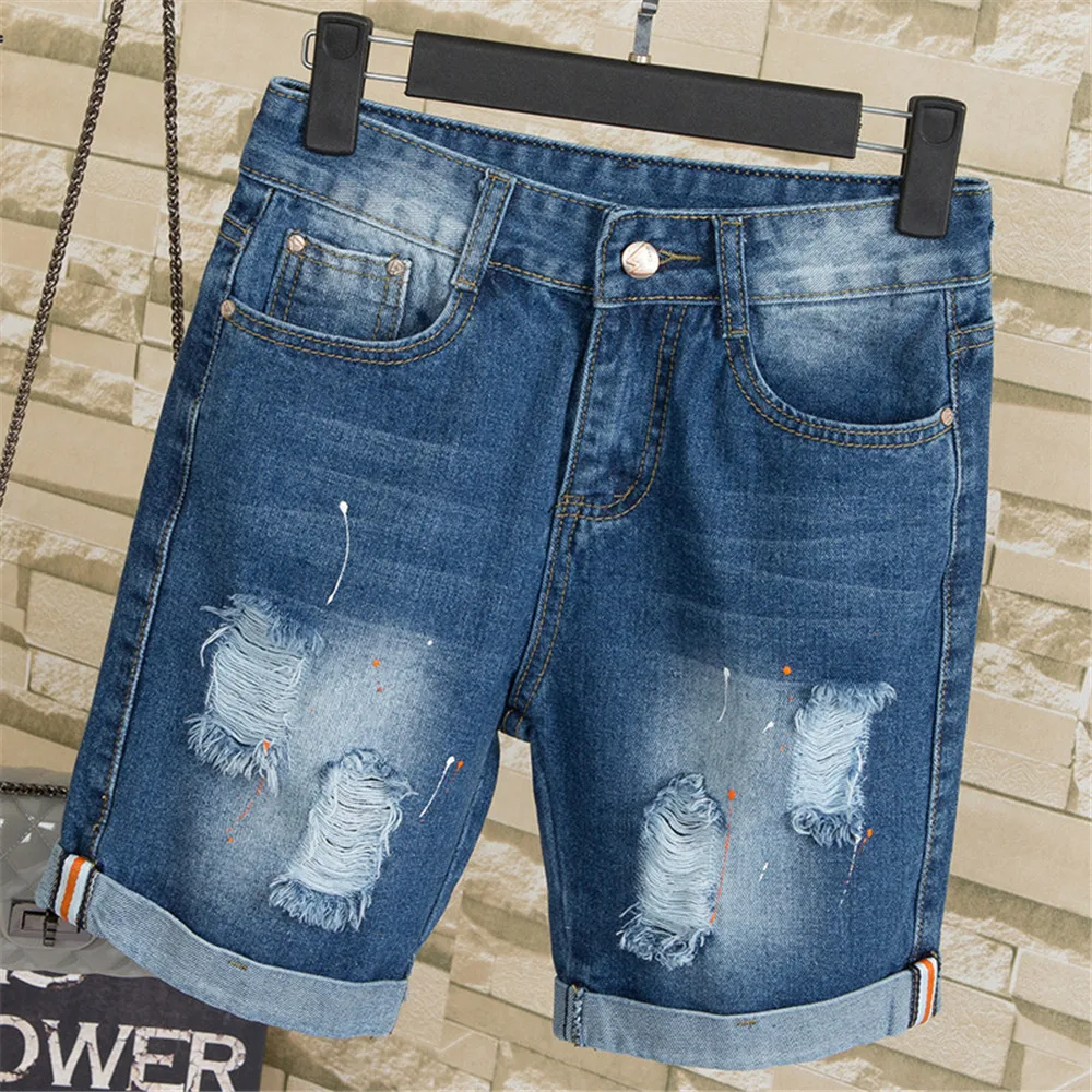 

50 wholesale New pattern Paige Add fertilizer trousers summer New pattern Paige hole Painting Flanging solid Denim shorts women