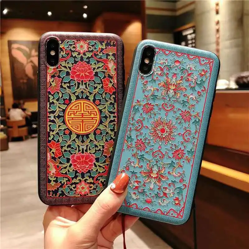 Chinese traditional embroidery craft Phone Case For iPhone 7 8 Plus 3D Relief Flower Soft Back Cover for X 6 6s Pl |