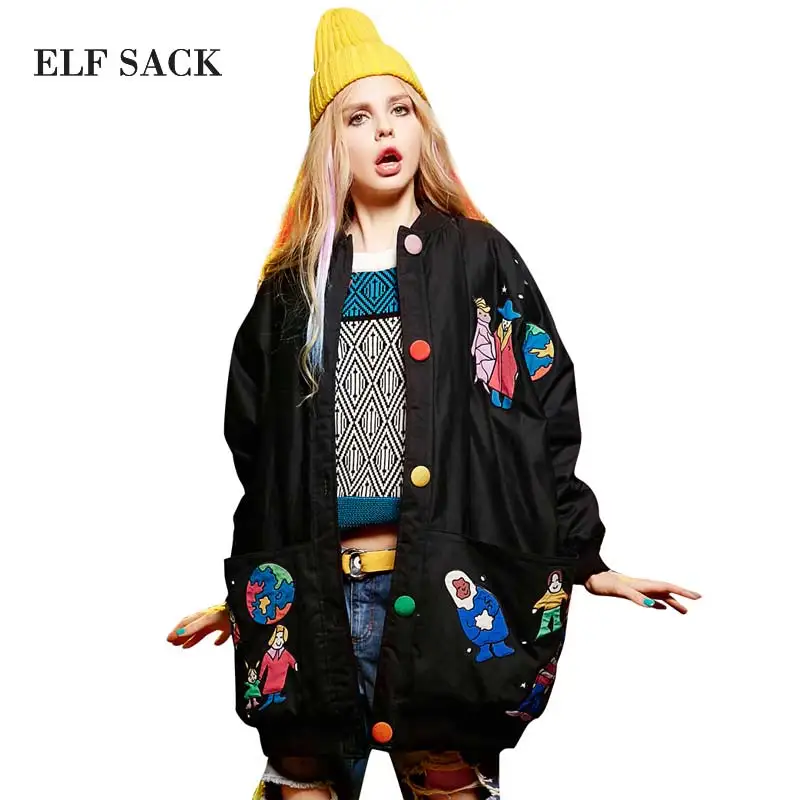 

ELF SACK Women's Winter  Parkas 2016 Big Size Padded Coats Character Appliques Long Jacket For Women 100% Cotton Fashion Tops