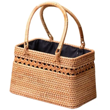 

NEW-Straw Bag For Women Handmade Tote Bag Natural Chic Handbag With Wood Handle Large Basket For Beach Outdoor Bohemia Style