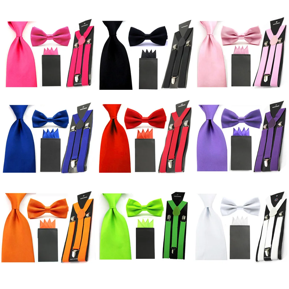 Mens Solid Bowtie 8cm Necktie 4 Folds Handkerchief Pocket Square Suspender Set SETBW0048