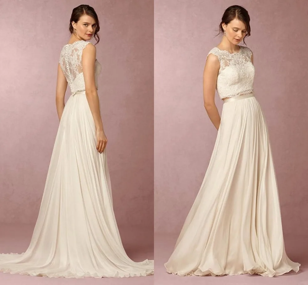 2017 New Two Pieces Summer Boho Wedding Dresses Cheap Lace Bodice Sheer