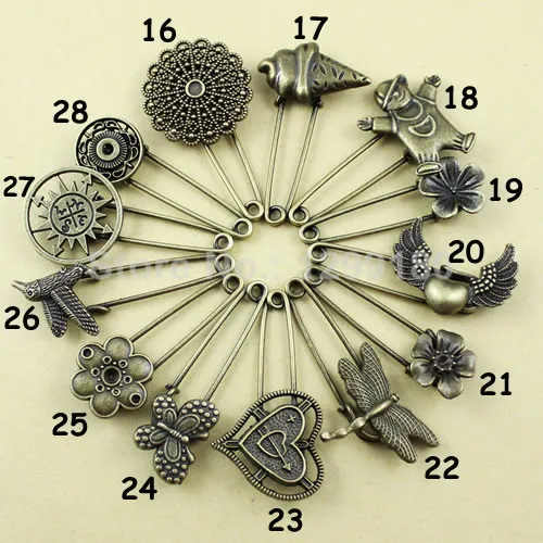 Random Mixed Alloy Antique Brass Vintage Brooch Safety Pins For Garment Accessories Scarf Clip Approx:52-68mm  2pcs