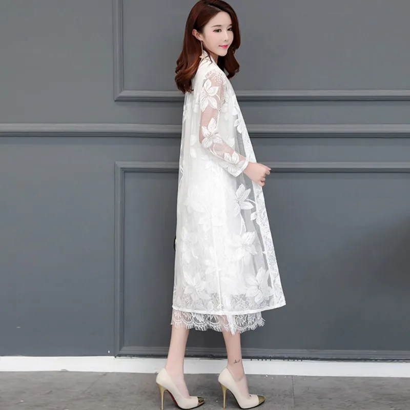 

Women Summer Open Front Thin Chiffon Blouse Solid Color Sun Protection Lace Openwork Tops Beach Cardigan Outwear Plus Size