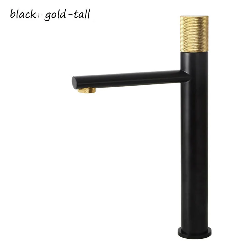 Накатывающаяся ручка, кран для раковины ванной комнаты, Твердый латунный кран для раковины, смеситель для холодной и горячей воды, смеситель на бортике, черный/матовый золотой/серый - Color: black-gold-Tall
