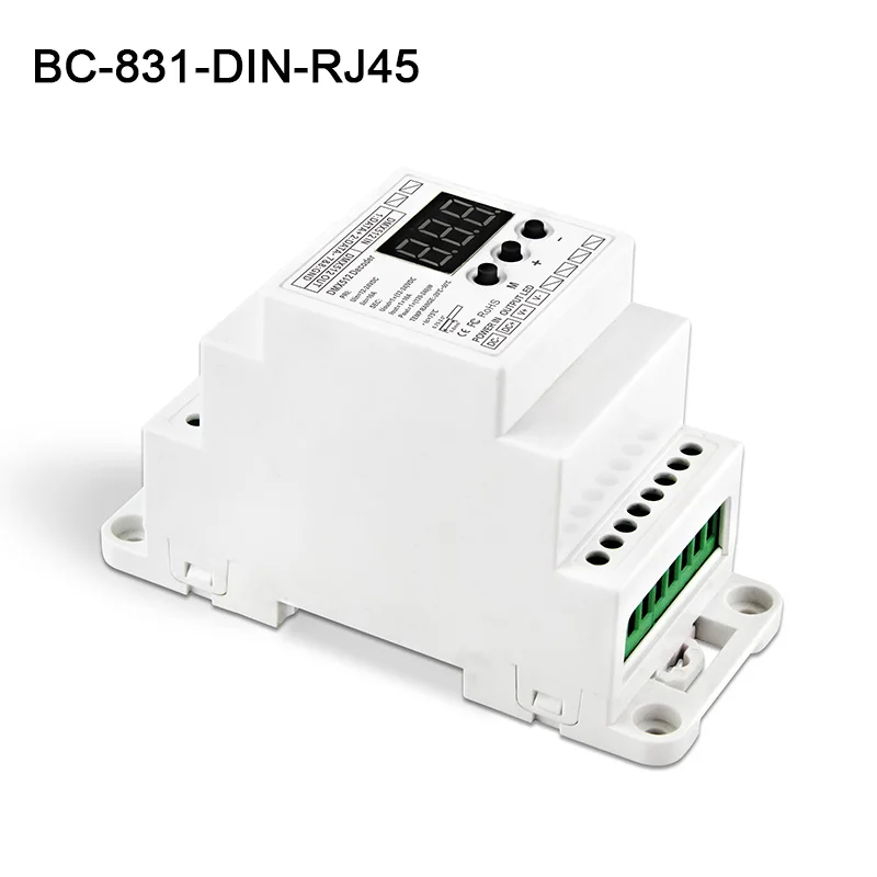 

BC-831-DIN-RJ45 DC12-24V input 10A*1CH output,Constant voltage DIN Rail DMX512 Decoder digital tube display for led strip