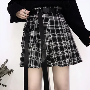 

Plaid Pleated Mini Skirt Women 2019 New Summer High Waist Belt Pocket Casual Loose Short Black Skirt Female