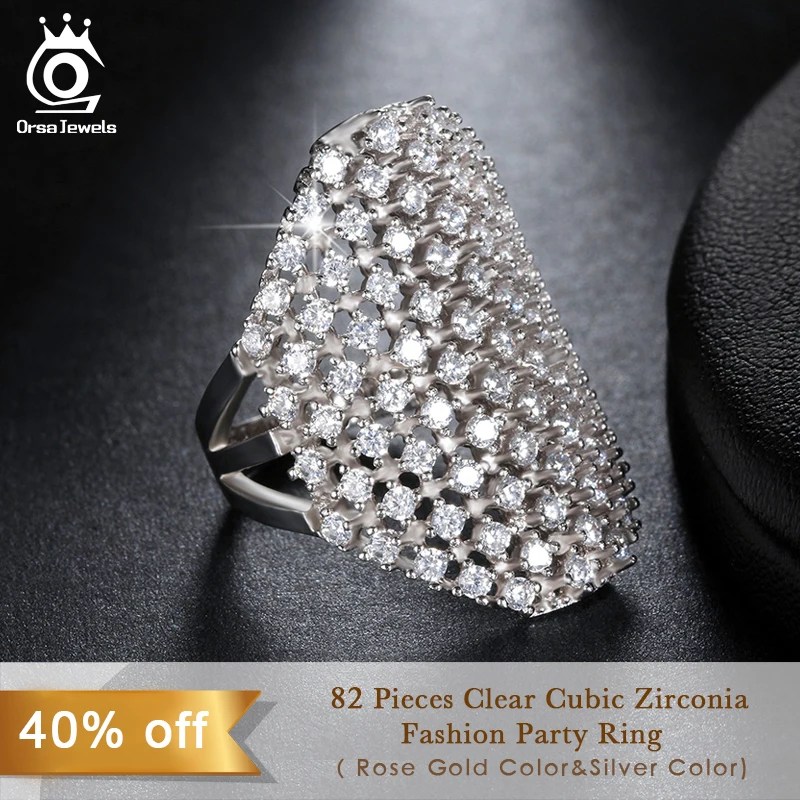 ORSA JEWELS Fashion Silver Color Party Rings for Women with 82 Pieces Clear Cubic Zirconia Rose Gold Color Finger Ring OR92