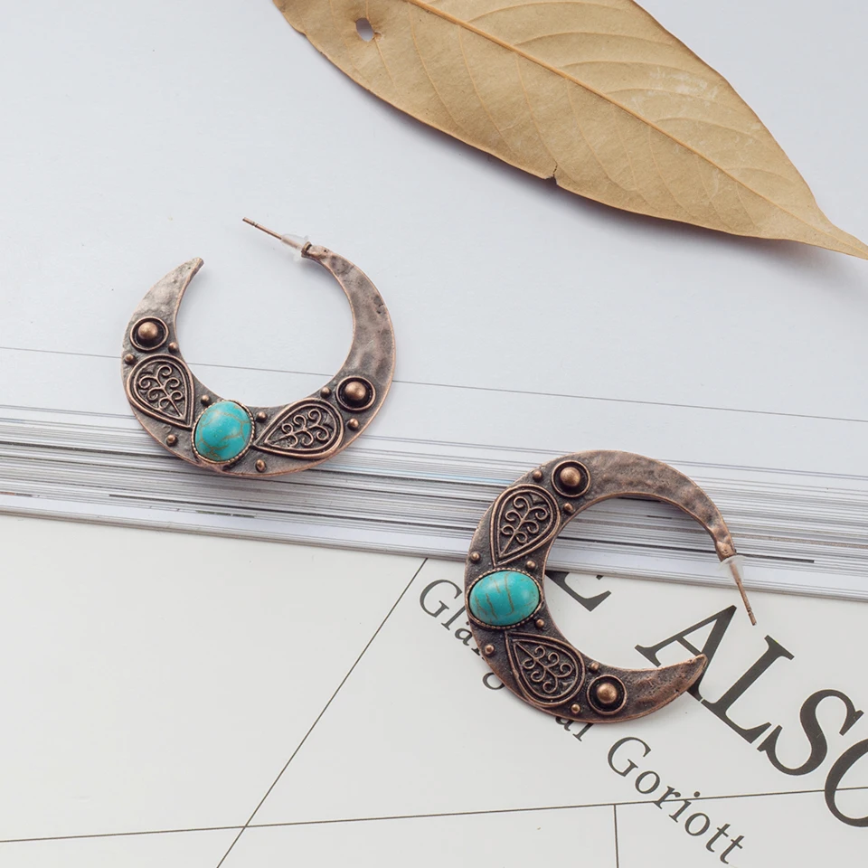 

Women Vintage Antique Moon Shape Alloy with Natural Stone Drop Earrings Hanging Dangle Women Earrings Jewelry