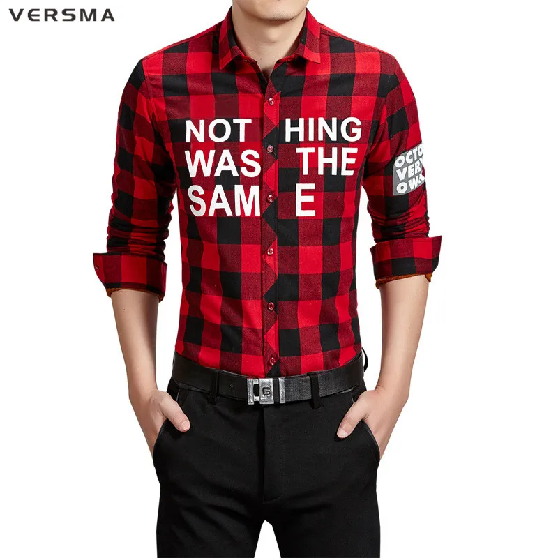 Versma Новый Для мужчин красный Рубашки в клетку модный бренд Тонкий Повседневная рубашка Для мужчин хлопка с длинным рукавом Стиль