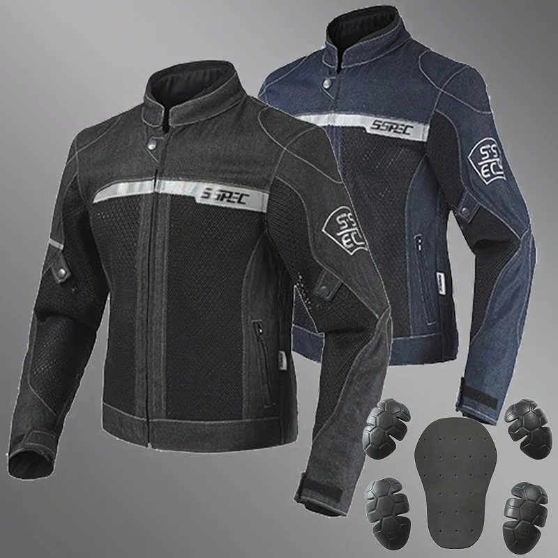 

SSPEC Motorcycle Protection Jacket Mesh Breathable Mesh Motorcycle Denim Eyelet Jacket Racing Moto 5 PCS CE Protector Pads S~3XL