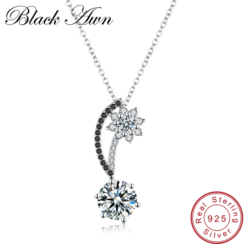 

[BLACK AWN] Femme Genuine 100% 925 Sterling Silver Necklaces Pendants Jewelry Black&White Stone Necklace Women Bijoux P094