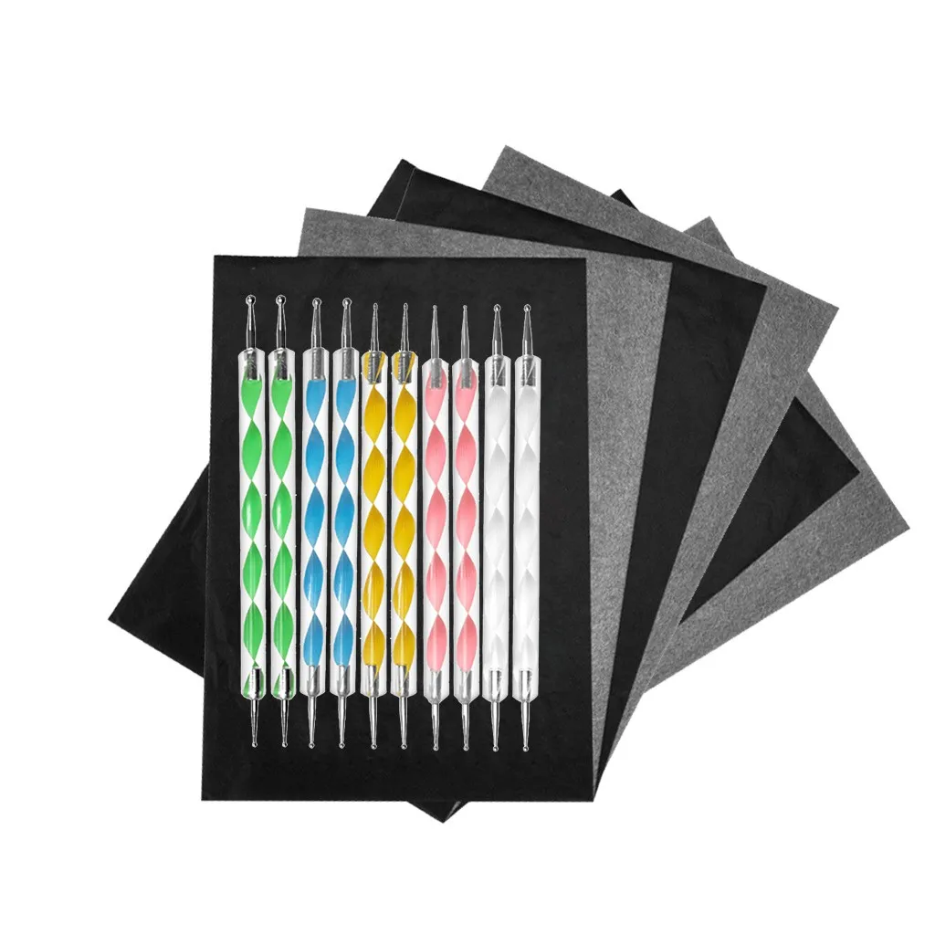

200 nail art Carbon Black Transfer Tracing Drawings And dotting tool 10 nail art tools Ball Embossing Pens Professional #G30