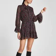 2017 Women european chiffon RM9106 voile za full sleeve floral knot black Dress print floral Women