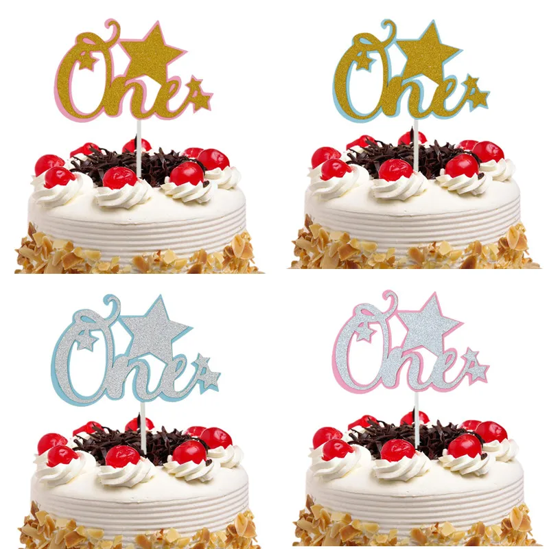 20pc/lot Cake Toppers Flags Glitter One With Star Kids Birthday Cupcake Topper Wedding Bride Baby Shower Party Baking DIY Decor