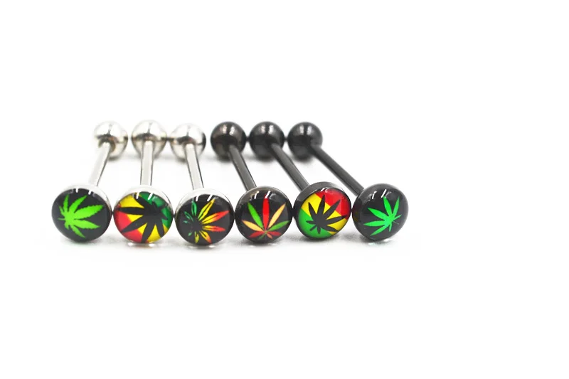 

Free Shipping 50pcs Body Jewelry Piercing Pot Leaf Weed Tongue Ring Barbells Nipple Bar 14G~1.6mmx16mmx6mm Mix Nice Colors