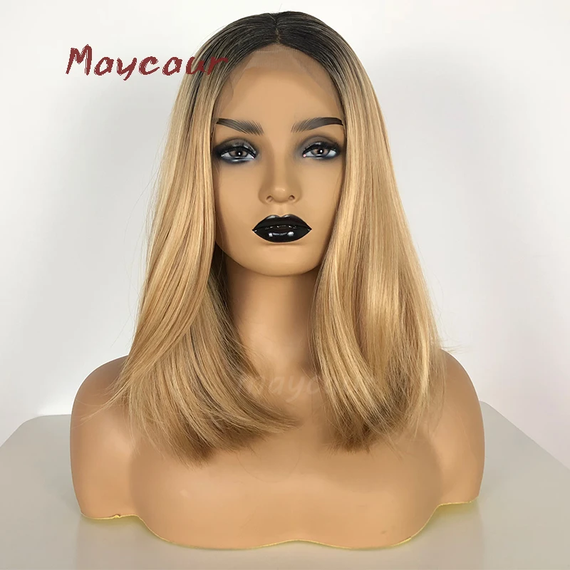 

Ombre Blonde Short Straight Synthetic Lace Front Wigs Heat Resistant Short Bob Wigs For Women 180 Density