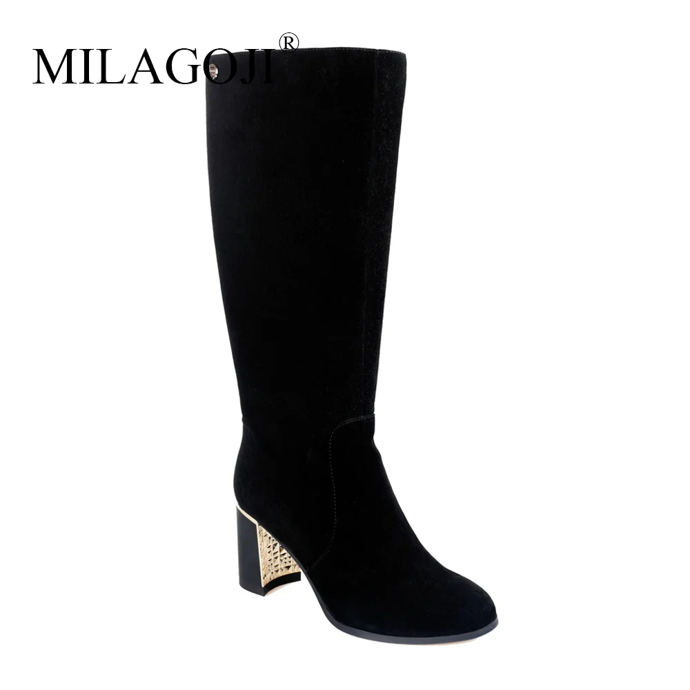 

Gold Bling Heel Knee High Boot Winter Shoe for Women Genuine Leather Solid Color Plush Boot High Quality Brand Winter Snow Boots