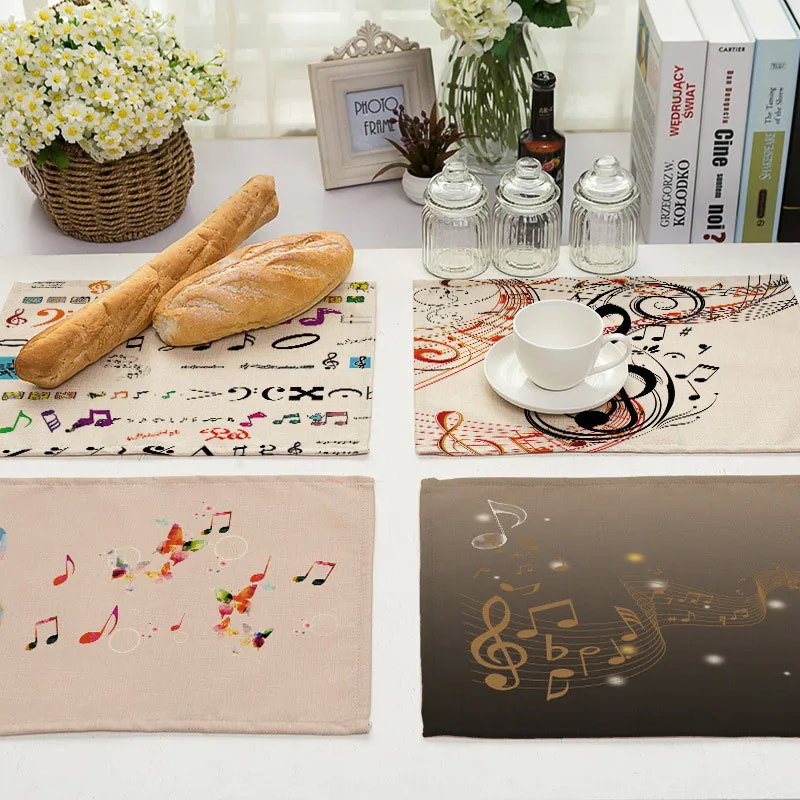 

1Pcs Musical Note Pattern Kitchen Placemat Dining Table Mat Tea Coaster Cotton Linen Pads Cup Mats 42*32cm Home Decor MC0067