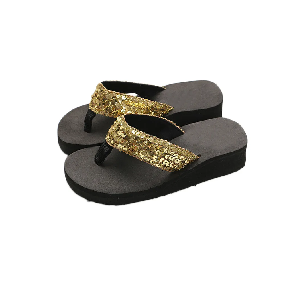 Летние женские Вьетнамки, повседневные Нескользящие шлепанцы с блестками пляжные вьетнамки, плоский сандалии пляж, открытый носок, женская обувь# L5 - Цвет: Золотой