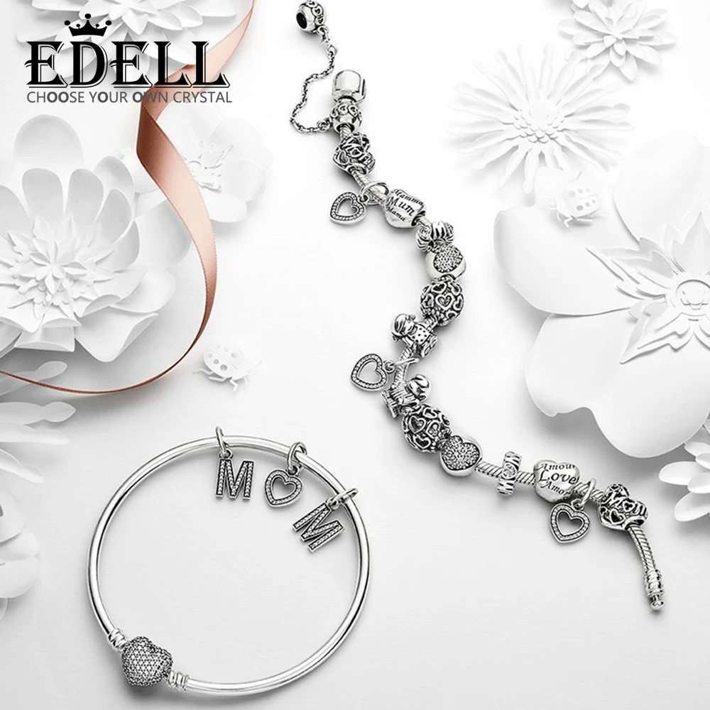 

EDELL 100% 925 Sterling Silver Heart-shaped String Charm Charm Bracelet Bangle Set Mother's Day Customizable Message Size
