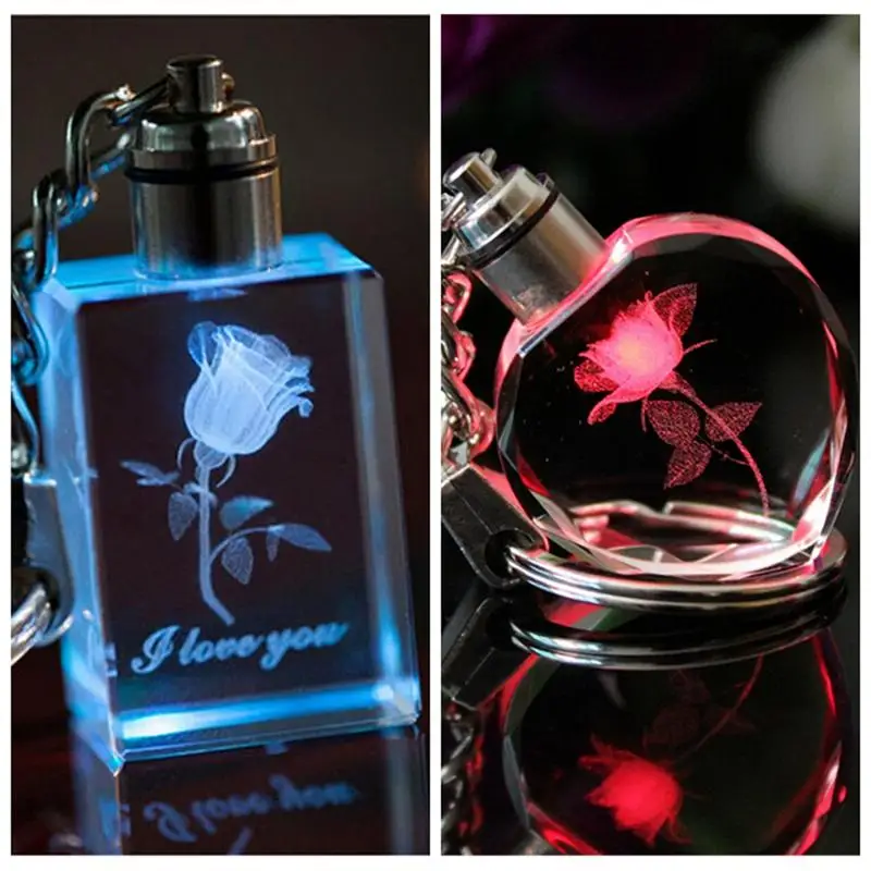 

1Pc Square LED Light Keychain Square Key Chain Ring Keyring Fairy Heart Crystal Rose Flower Crystal Charm