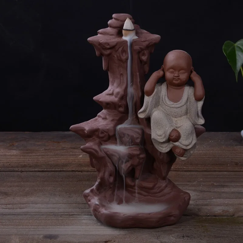 

Creatice Little Monk Small Buddha Incense Burner Censer Buddhist Buddhist Purple Sand Cones Incense Holder +10pcs Incense Cones