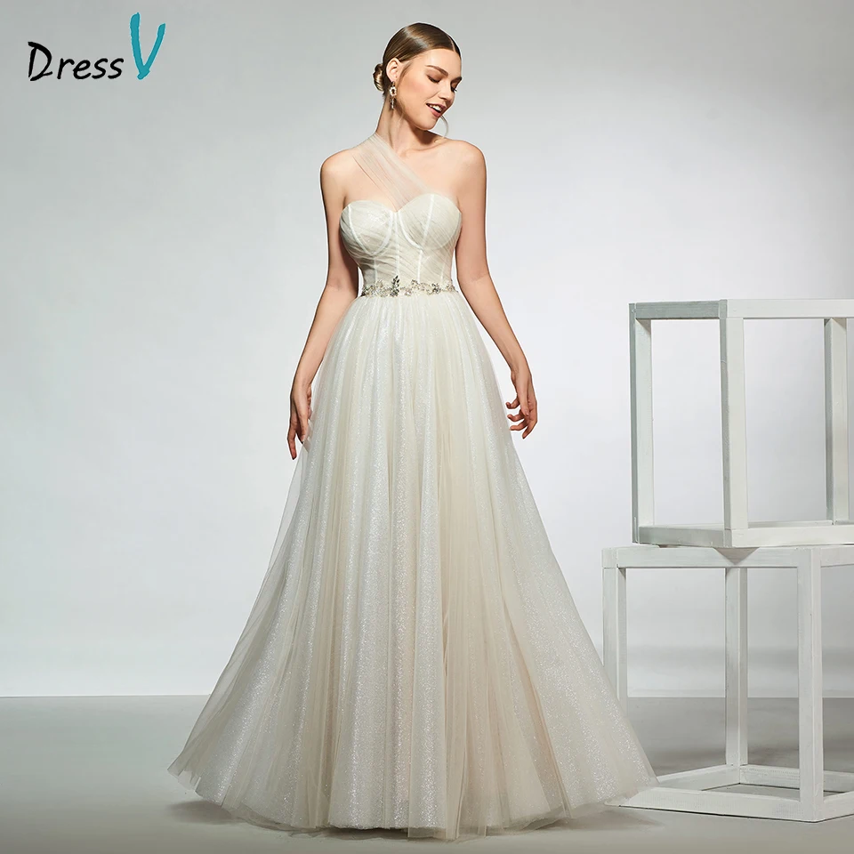

Dressv elegant one shoulder beading sleeveless zipper up wedding dress a line floor length simple bridal gowns wedding dress