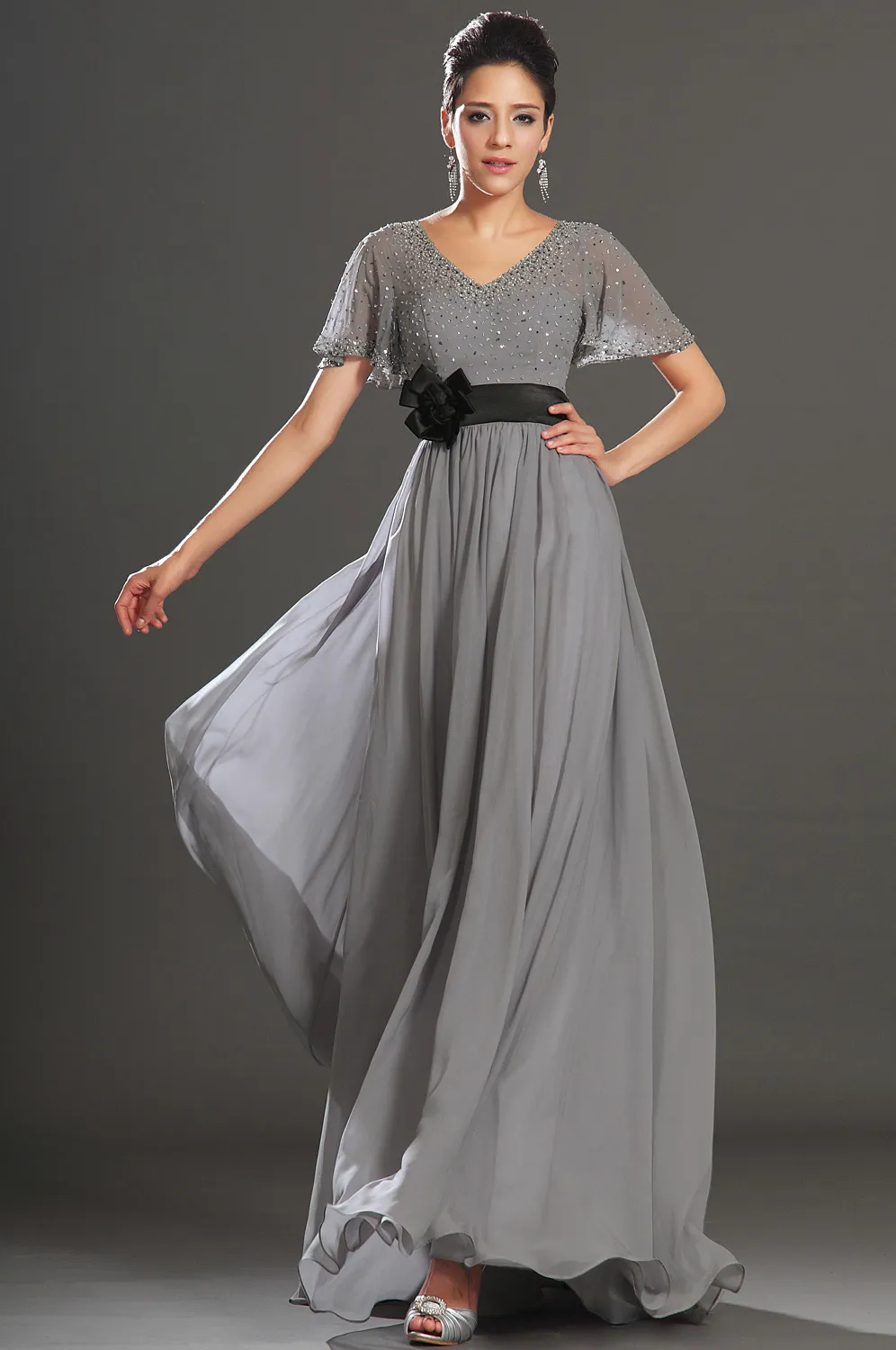 0567 1hs Elegant long party evening dress 2014 Gray Beaded Empire ...