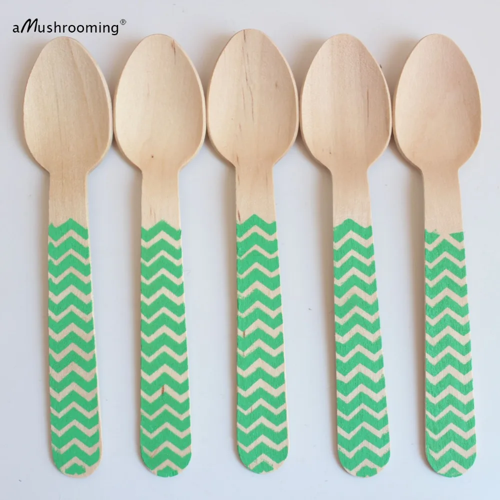 x50 Green Chevron handle disposable wooden Spoons wooden party utensils