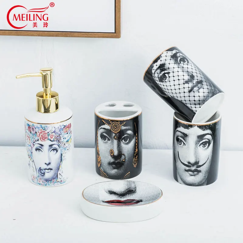 

Popular Fornasetti Bathroom Sets 5PCS Ceramic Decoration Accessories Soap Dispenser Toothbrush Holder Cup Toilet Storage Box Hot