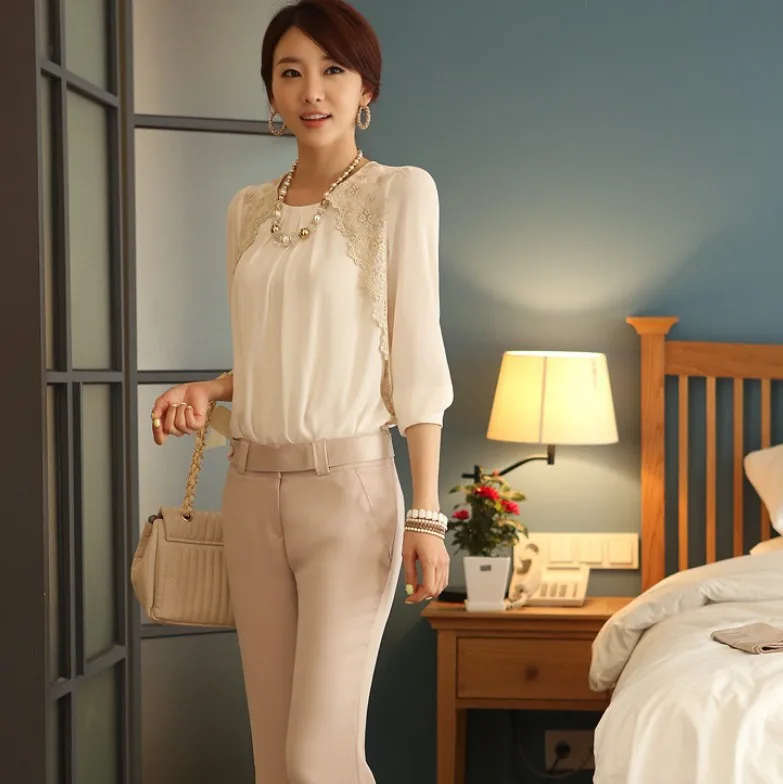 Women Loose Chiffon Blouse Feminine Lace Embroidery Patchwork O-neck Shirt Female Long Sleeve Office Tops Plus Size 5XL
