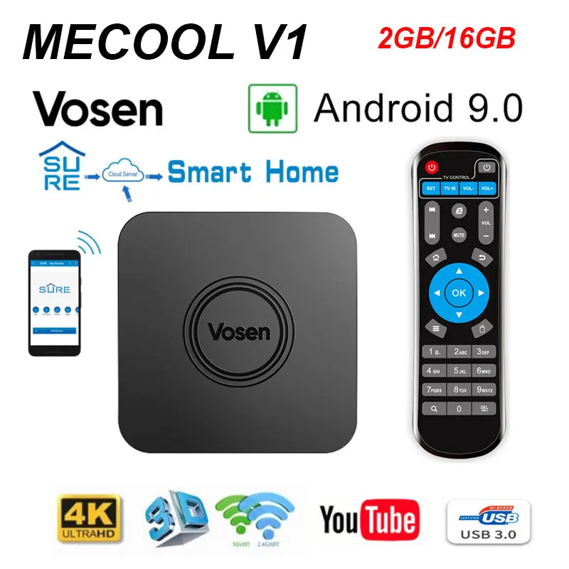 Android 9 0 Smart tv box MECOOL Vosen V1 google 2G 16G четырехъядерный 4k HD 2 4G/5G wifi LPDDR4 ИК телефон