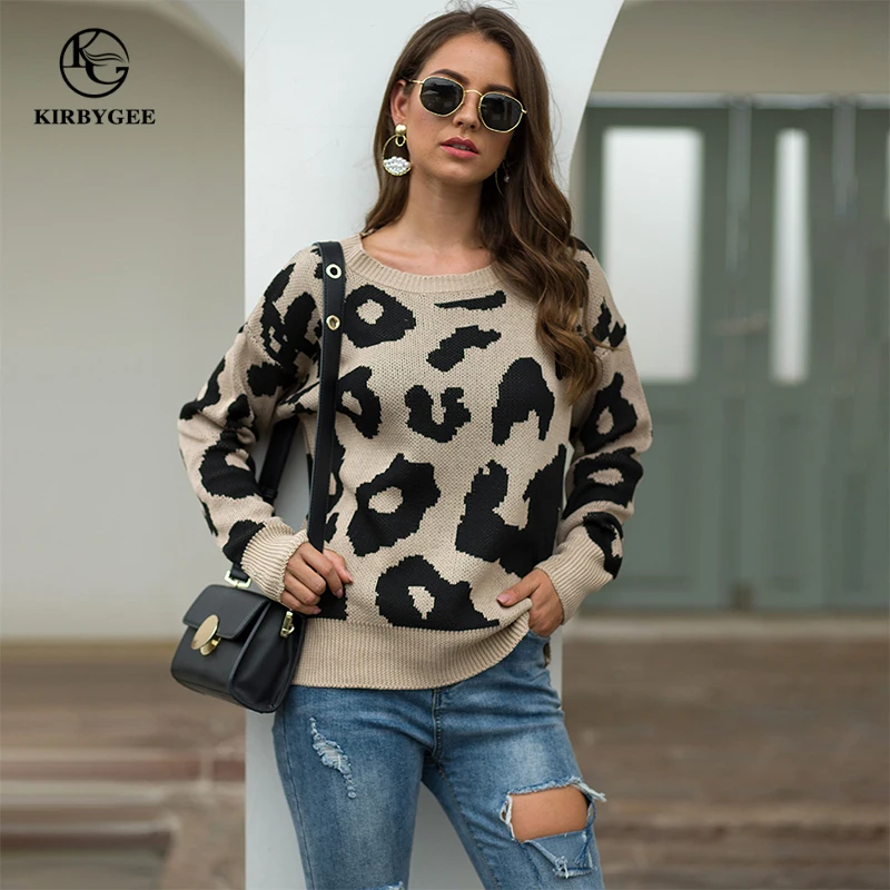 

KirbyGee Loose Leopard Sweater Vintage Plus Size Knitted Pullover Sweaters Women Autumn Winter Casual Long Sleeve Pullover 2019