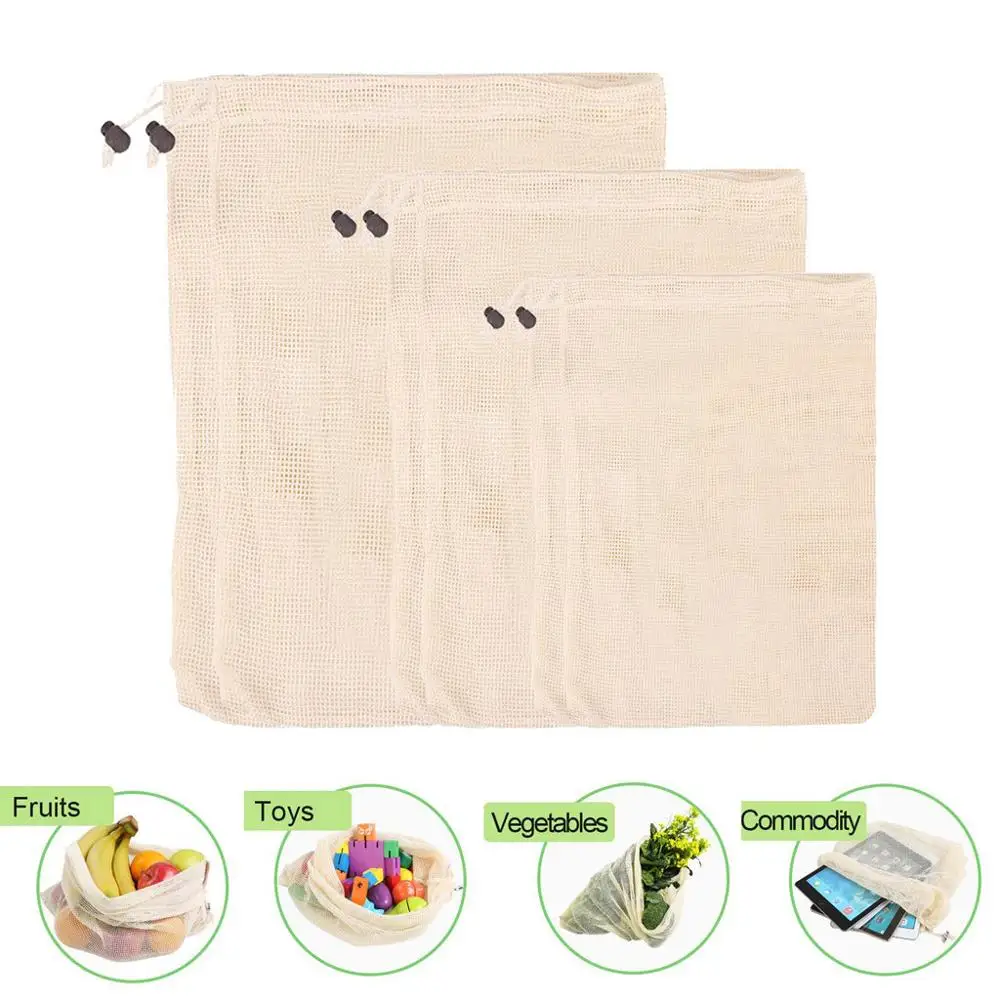

2+2+2=6PCS Reusable Organic Cotton Vegetable Mesh Bag for Men Women Home Kitchen Washable Fruit Grocery Drawstring Shopping Bags