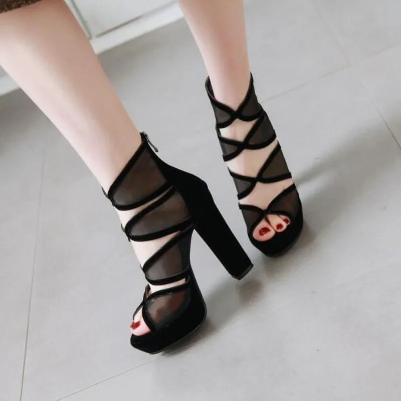 Г. Новая Летняя женская обувь на 12 см, большие и маленькие размеры 33-43 пикантные сетчатые босоножки на высоком каблуке, открытый рыбий рот Черная женская обувь Dx-529