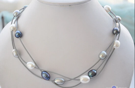 

FREE SHIPPING3row 18" 14mm white gray black rice pearl gray leather necklace