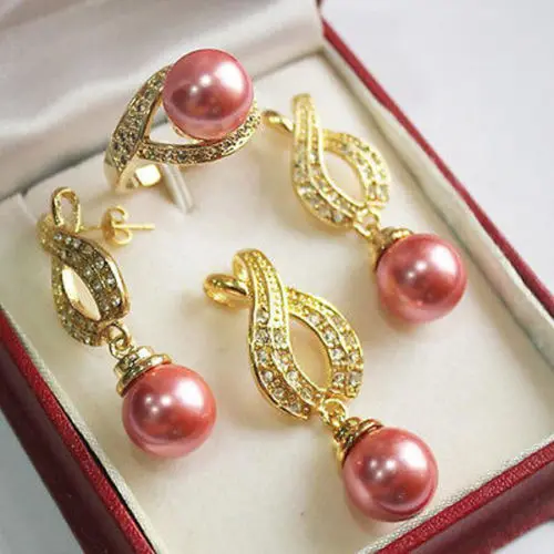 

HOT SELL - 1Set AAA 12mm Pink Shell Pearl Pendant Necklace Earrings Ring Set NEW NEW -Top quality free shipping
