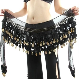 Высококачественный цветной шифоновый костюм для танцовщицы живота, Женский набедренный шарф, пояс с блестками, 58 монет, юбка, одежда для танца живота - Цвет: Черный