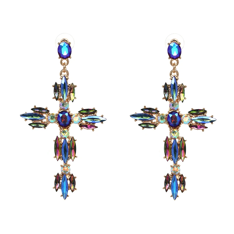 JURAN Women Fashion Vintage Crystal Gold Cross Earring Sweet Metal With Gems Dangle Earrings For Women Accessories Brincos
